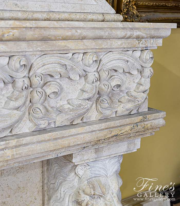 Marble Fireplaces  - Lion Themed Mantel With Overmantel In Light Travertine - MFP-1734